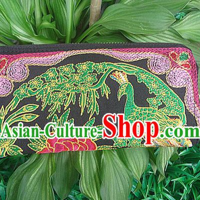 Traditional Chinese Miao Nationality Palace Handmade Double-Sided Embroidery Peacock Handbag Wallet Hmong Handmade Embroidery Purse for Women
