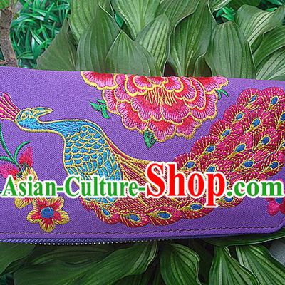 Traditional Chinese Miao Nationality Palace Handmade Double-Sided Embroidery Peacock Handbag Wallet Hmong Handmade Embroidery Purse for Women