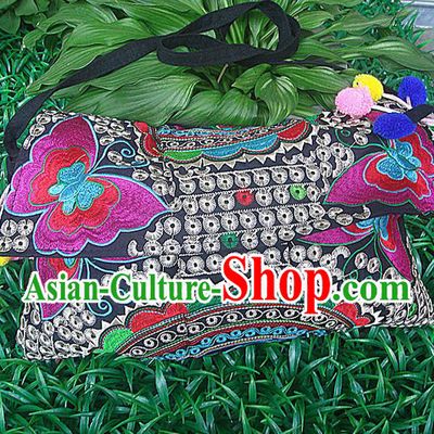 Traditional Chinese Miao Nationality Palace Handmade Double-Sided Embroidery Peony Handbag Hmong Handmade Embroidery Canvas Messenger Bags for Women