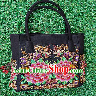 Traditional Chinese Miao Nationality Palace Handmade Double-Sided Embroidery Peony Handbag Hmong Handmade Embroidery Canvas Bags for Women