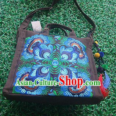 Traditional Chinese Miao Nationality Palace Handmade Single-Sided Embroidery Peony Handbag Hmong Handmade Embroidery Canvas Bags for Women