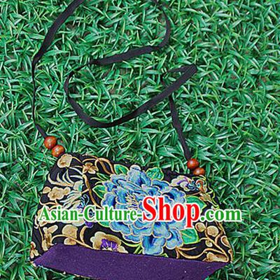 Traditional Chinese Miao Nationality Palace Handmade Double-Sided Embroidery Peony Handbag Hmong Handmade Embroidery Canvas Messenger Bags for Women