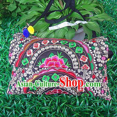 Traditional Chinese Miao Nationality Palace Handmade Single-Sided Embroidery Peony Handbag Hmong Handmade Embroidery Canvas Messenger Bags for Women