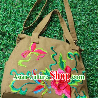 Traditional Chinese Miao Nationality Palace Handmade Single-Sided Embroidery Peony Handbag Hmong Handmade Embroidery Canvas Messenger Bags for Women