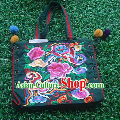 Traditional Chinese Miao Nationality Palace Handmade Single-Sided Embroidery Peony Handbag Hmong Handmade Embroidery Canvas Bags for Women