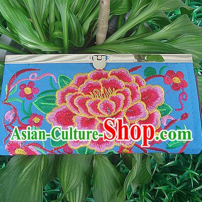 Traditional Chinese Miao Nationality Palace Handmade Double-Sided Embroidery Peony Handbag Wallet Hmong Handmade Embroidery Purse for Women
