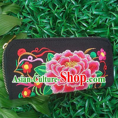 Traditional Chinese Miao Nationality Palace Handmade Double-Sided Embroidery Peony Handbag Wallet Hmong Handmade Embroidery Purse for Women