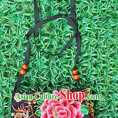 Traditional Chinese Miao Nationality Palace Handmade Double-Sided Embroidery Peony Handbag Hmong Handmade Embroidery Canvas Messenger Bags for Women
