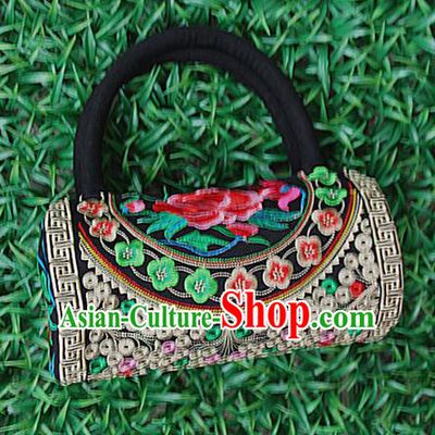 Traditional Chinese Miao Nationality Palace Handmade Four-Sided Embroidery Peony Handbag Hmong Handmade Embroidery Canvas Bags for Women