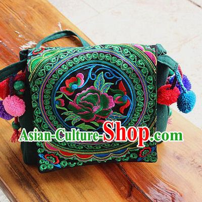 Traditional Chinese Miao Nationality Palace Handmade Single-Sided Embroidery Peony Handbag Hmong Handmade Embroidery Canvas Messenger Bags for Women