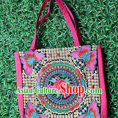 Traditional Chinese Miao Nationality Palace Handmade Single-Sided Embroidery Peony Butterfly Handbag Hmong Handmade Embroidery Canvas Single Shoulder Bags for Women