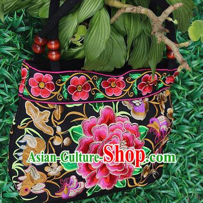 Traditional Chinese Miao Nationality Palace Handmade Double-Sided Embroidery Peony Handbag Hmong Handmade Embroidery Canvas Single Shoulder Bags for Women