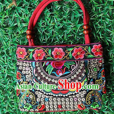 Traditional Chinese Miao Nationality Palace Handmade Double-Sided Embroidery Handbag Hmong Handmade Embroidery Canvas Single Shoulder Bags for Women