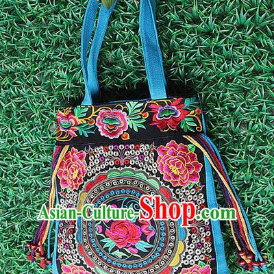 Traditional Chinese Miao Nationality Palace Handmade Single-Sided Embroidery Peony Handbag Hmong Handmade Embroidery Canvas Single Shoulder Bags for Women