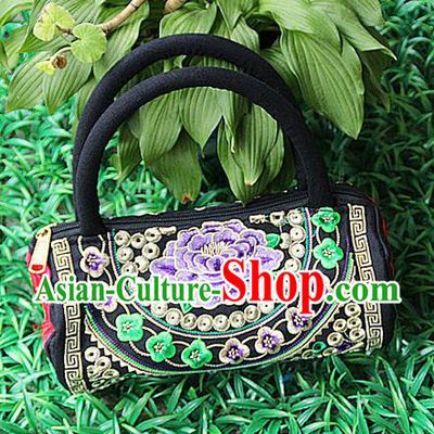 Traditional Chinese Miao Nationality Palace Handmade Four-Sided Embroidery Peony Handbag Hmong Handmade Embroidery Canvas Bags for Women