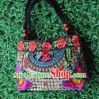 Traditional Chinese Miao Nationality Palace Handmade Single-Sided Embroidery Peony Butterfly Handbag Hmong Handmade Embroidery Canvas Single Shoulder Bags for Women