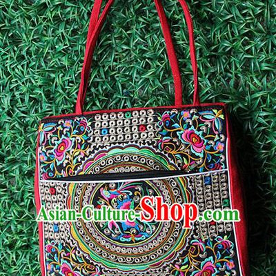 Traditional Chinese Miao Nationality Palace Handmade Single-Sided Embroidery Butterfly Handbag Hmong Handmade Embroidery Canvas Single Shoulder Bags for Women