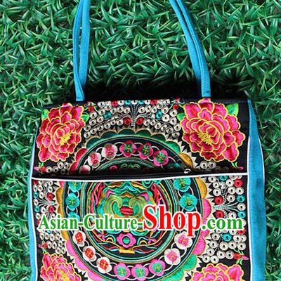 Traditional Chinese Miao Nationality Palace Handmade Single-Sided Embroidery Peony Handbag Hmong Handmade Embroidery Canvas Single Shoulder Bags for Women
