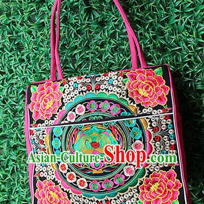 Traditional Chinese Miao Nationality Palace Handmade Single-Sided Embroidery Peony Handbag Hmong Handmade Embroidery Canvas Single Shoulder Bags for Women