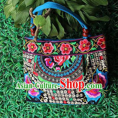 Traditional Chinese Miao Nationality Palace Handmade Double-Sided Embroidery Peony Handbag Hmong Handmade Embroidery Canvas Single Shoulder Bags for Women