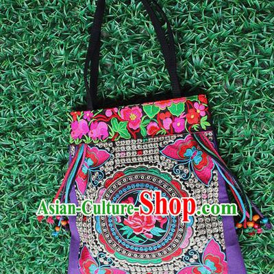 Traditional Chinese Miao Nationality Palace Handmade Single-Sided Embroidery Butterfly Peony Handbag Hmong Handmade Embroidery Canvas Single Shoulder Bags for Women