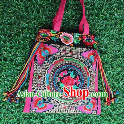Traditional Chinese Miao Nationality Palace Handmade Single-Sided Embroidery Butterfly Peony Handbag Hmong Handmade Embroidery Canvas Single Shoulder Bags for Women