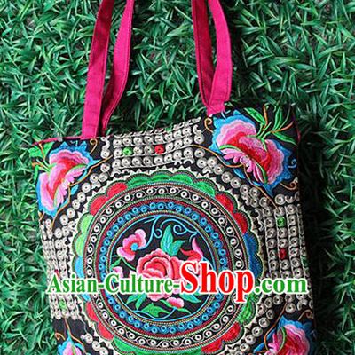 Traditional Chinese Miao Nationality Palace Handmade Single-Sided Embroidery Peony Butterfly Handbag Hmong Handmade Embroidery Canvas Single Shoulder Bags for Women