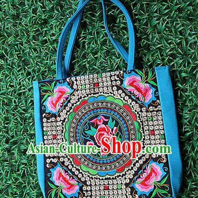 Traditional Chinese Miao Nationality Palace Handmade Single-Sided Embroidery Peony Butterfly Handbag Hmong Handmade Embroidery Canvas Single Shoulder Bags for Women