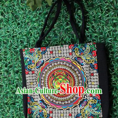 Traditional Chinese Miao Nationality Palace Handmade Single-Sided Embroidery Handbag Hmong Handmade Embroidery Canvas Single Shoulder Bags for Women