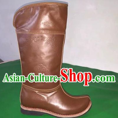 Traditional Chinese Minority Mongol Nationality Ethnic Minorities Mongolian Dance Cowhide Boots, Mongolian Knee Boots Handmade Jockey Boots Tanks Boots for Men