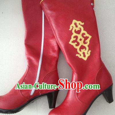 Traditional Chinese Minority Mongol Nationality Ethnic Minorities Mongolian Dance Cowhide Boots Mongolian Knee Boots Jockey Boots Tanks Boots for Women