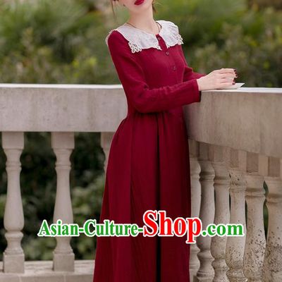 Traditional Classic Women Clothing, Traditional Classic European Manor Literary Yarn Embroidered Collar Dress, Palace Princess Restoring Long Skirt
