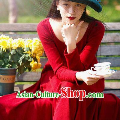 Traditional Classic Women Clothing, Traditional Classic Red Woolen Evening Dress Restoring Woolen Garment Skirt Braces Skirt, Long Skirt