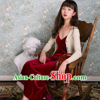 Traditional Classic Women Clothing, Pure Color Red Velvet Close-Fitting Render Condole Belt Unlined Upper Garment Of Cultivate, Braces Skirt Base Shirt One Piece Sun-Top