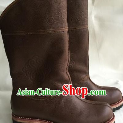 Traditional Chinese Minority Mongol Nationality Ethnic Minorities Mongolian Dance Cowhide Boots, Mongolian Knee Boots Handmade Jockey Boots Tanks Boots for Men