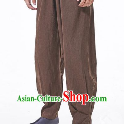 Traditional Chinese Linen Tang Suit Trousers, Chinese Ancient Costumes Elastic Practise Leg Pants Lay Pants Zen Pants