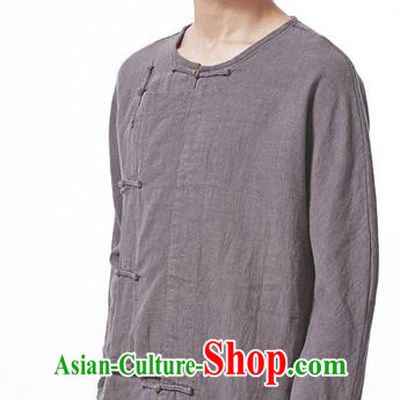 Traditional Chinese Linen Tang Suit Men Slant Opening Brass Buckle Long Sleeve Shirts, Chinese Ancient Costumes Linen Dress Shirt for Men