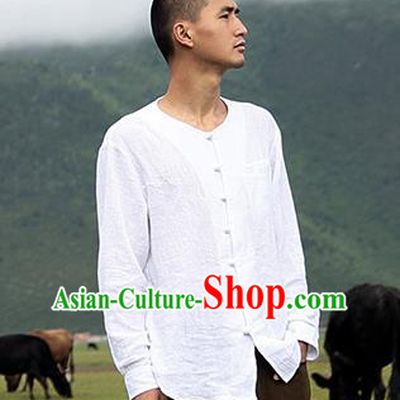 Traditional Chinese Linen Tang Suit Men Long Sleeve Shirts, Chinese Ancient Costumes Linen Dress Shirt for Men