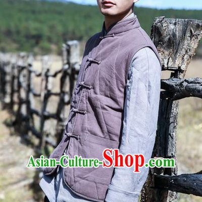 Traditional Chinese Linen Tang Suit Men Cotton-Padded Jacket, Chinese Ancient Costumes Tang Suit Vest for Men