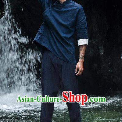 Traditional Chinese Linen Tang Suit Men Slant Opening Long Sleeve Shirts, Chinese Ancient Costumes Linen Dress Shirt for Men