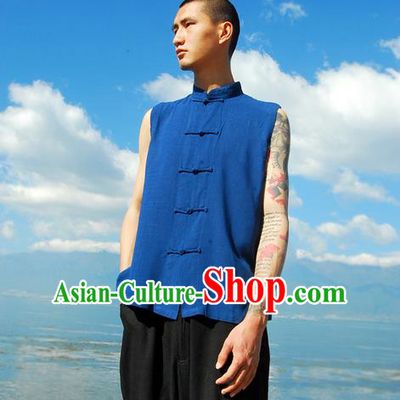Traditional Chinese Linen Tang Suit Men Plate Buttons Vest, Chinese Ancient Costumes Linen Vests for Men