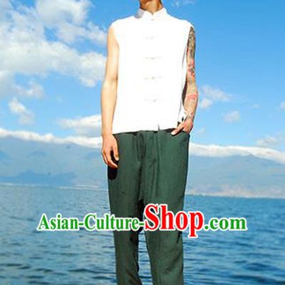 Traditional Chinese Linen Tang Suit Men Plate Buttons Vest, Chinese Ancient Costumes Linen Vests for Men