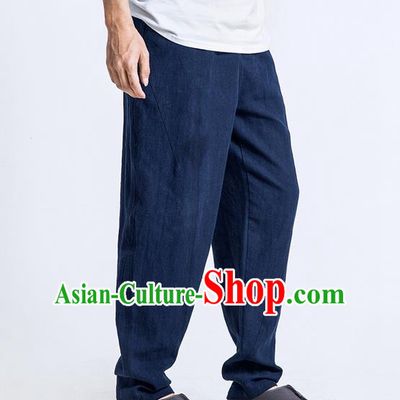 Traditional Chinese Linen Tang Suit Men Trousers, Chinese Ancient Costumes Cotton Pants, Nepal Flax Feet Low Crotch Large Crotch Pants for Men