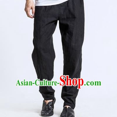 Traditional Chinese Linen Tang Suit Men Trousers, Chinese Ancient Costumes Cotton Pants, Nepal Flax Feet Low Crotch Large Crotch Pants for Men