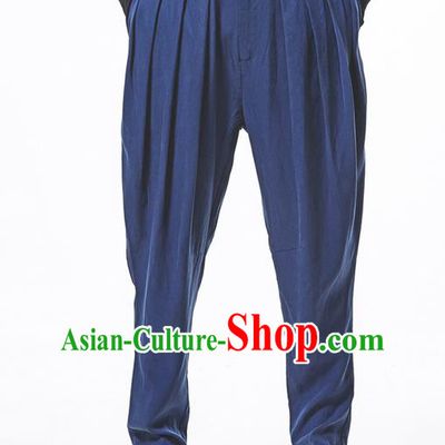 Traditional Chinese Linen Tang Suit Men Trousers, Chinese Ancient Costumes Cotton Pants, Silk Cotton Feet Ruffle Pants for Men