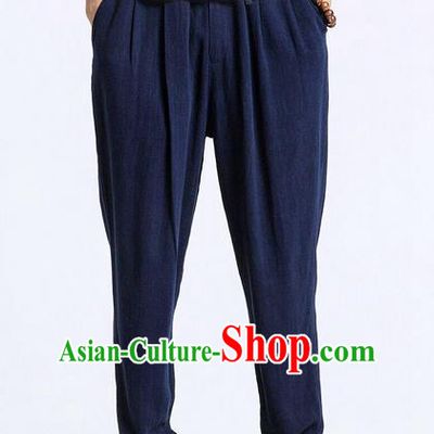 Traditional Chinese Linen Tang Suit Men Trousers, Chinese Ancient Costumes Cotton Pants, Ruffle Leisure Slacks Pants for Men