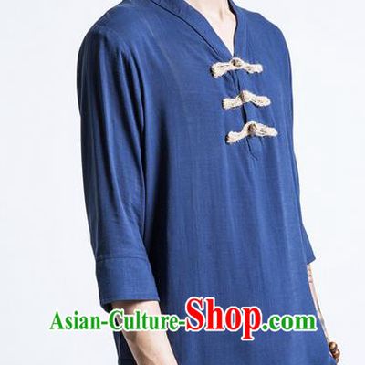 Traditional Chinese Linen Tang Suit Men Costumes, Chinese Ancient V-Neck Silk Floss Short Sleeved T-Shirt Plate Buttons Costume for Men