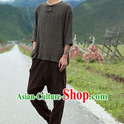 Traditional Chinese Linen Tang Suit Men Costumes, Chinese Ancient Tunic Suit Long Sleeved Shirt Plate Buttons Shirt for Men