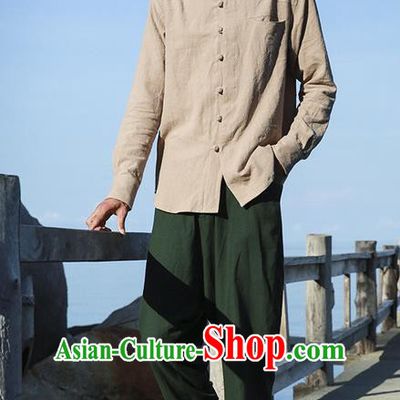 Traditional Chinese Linen Tang Suit Men Costumes, Chinese Ancient Tunic Suit Long Sleeved Shirt Plate Buttons Shirt for Men