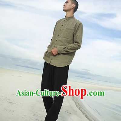 Traditional Chinese Linen Tang Suit Men Costumes, Chinese Ancient Tunic Suit Long Sleeved Shirt Plate Buttons Shirt for Men